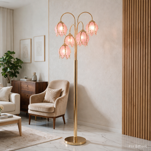 Lámpara de Pie de Diseño con 5 Cabezas de Tulipán, Pantalla de Vidrio Teñido, Base E26, Soporte de Metal, Luz Decorativa para Sala de Estar - Product Image 5