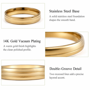 Double Groove <b>Stainless</b> <b>Steel</b> <b>Ring</b> with 14K Gold Vacuum Plating Polished Band in Gold and Silver Colors - Product Image 2