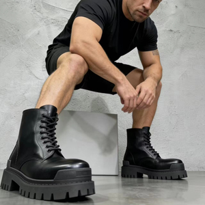 Botas de Trabajo de Cuero Vacuno Negro para Hombre, Suela de Goma con Tacos Gruesos, Cierre de Cordones, Estilo Urbano - Product Image 1
