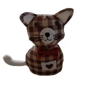 Hot selling cute checked fabric cat door stop soft stuffed animal door stopper for home decoration