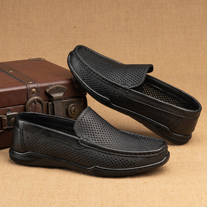 Mocassins d'été respirants pour hommes en cuir véritable, bout rond, doublure en mesh, semelle extérieure en caoutchouc, semelle intermédiaire en EVA, chaussures décontractées - Product Image 1