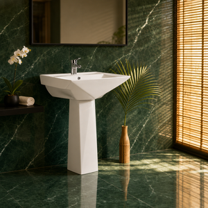 Lavabo quadrato autoportante <span class=keywords><strong>con</strong></span> base divisa e design smussato a taglio diamantato, lavabo moderno in ceramica per <span class=keywords><strong>bagno</strong></span>, lavabo da terra - Product Image 3