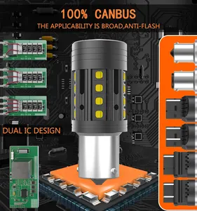 2024 ใหม่Non Hyperflashความเร็วสูงพัดลม 3838 ชิปสีขาว 1157 3156 7440 28W CANbus LEDย้อนกลับไฟLED