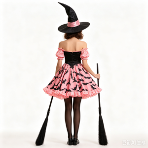 Vestido <span class=keywords><strong>de</strong></span> <span class=keywords><strong>Bruja</strong></span> con Estampado <span class=keywords><strong>de</strong></span> Murciélagos Rosa y Negro para Mujer, <span class=keywords><strong>Disfraz</strong></span> <span class=keywords><strong>de</strong></span> Cosplay <span class=keywords><strong>de</strong></span> Mago para Halloween - Product Image 3