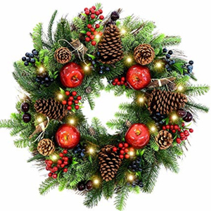 Guirlande lumineuse LED pour Noël, couronne de porte d'entrée décorative avec pommes de pin artificielles, baies et fleurs - Product Image 6