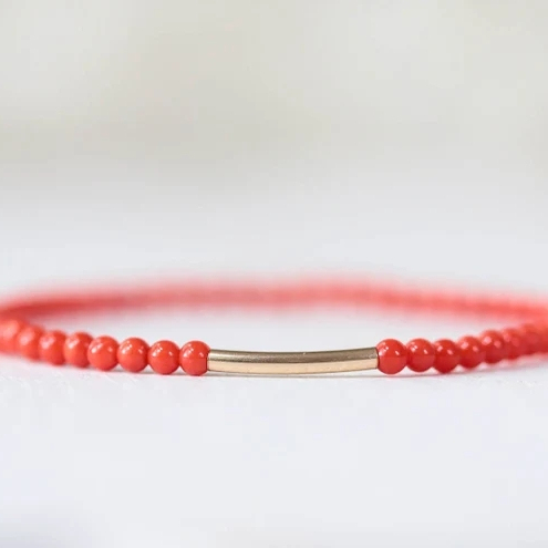 Coral Gold Beaded Silk Bracelet Delicate