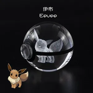 Popular New Design 50mm 80mm Laser Charizard Figuras K9 Crystal Glass Pokmon Ball With Glowing LED Base For Engraving Kid Gift