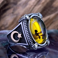 Bague unisexe tendance en alliage fait main avec pierre précieuse, motif abeille incrusté d'agate ovale, motif géométrique – Nouveauté très prisée