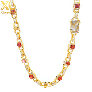 Hip Hop New Style 18K Gold Plated Link <b>Chain</b> Necklace 10MM Geometric Shape Design Red Zircon Brass Necklace WomenJewelry - Product Image 5