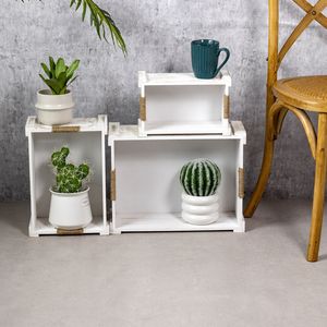 Set <span class=keywords><strong>di</strong></span> 3 Cassette in Legno Ustic, Scatole Contenitore Impilabili con Manici in Juta, Cesto Organizer Decorativo Bianco Invecchiato Stile Rustico - Product Image 5