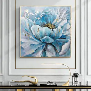 100% Handmade Modern Wall Art Blue Floral Oil Painting On Canvas Beautiful Flowers Artwork For Living Room Office Home Decor