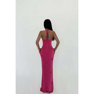 Women's Fuchsia <b>A</b>-<b>Line</b> Strappy Long <b>Dress</b> Floor-Length Party Style 3D Embroidered <b>Pattern</b> Sizes XS XL Polyester Woven ODM Oem - Product Image 4