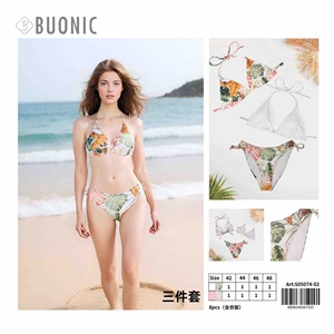 Conjunto de bikini con estampado tropical para mujer Buonic, talla 42 44 46 48, traje de baño, ropa de playa, conjunto de tres piezas - Product Image 1