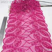 Dentelle brodée en tulle rose vif de 27 cm avec paillettes, idéale pour les robes