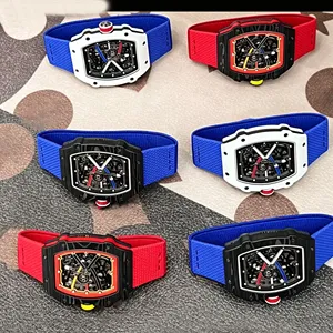 Montres mécaniques pour hommes en forme de tonneau, boîtier ajouré en fibre de carbone, montres chronographes, bracelets en tissu silicone. - Product Image 3