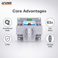 Commutateur de transfert automatique triphasé 2 pôles LYUNN LYQ2-63/2P, capacité de coupure 3kA, temps de transfert 0,5S pour usage domestique