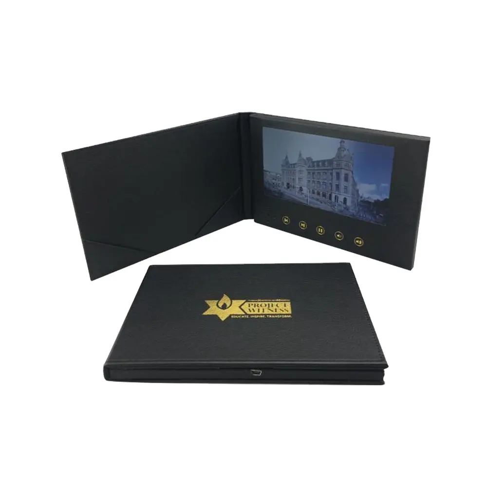 カスタムプリントPUレザー素材7インチスクリーン液晶ビデオブックパンフレットデジタルグリーティングビデオカードブランドビジネス用