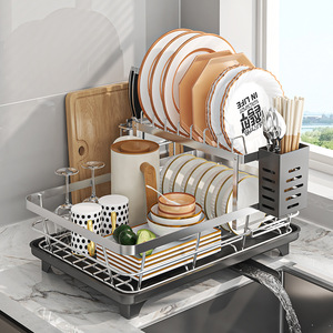 Escurridor de Platos de Doble Capa de Acero Inoxidable con Soporte para Utensilios y Tabla de Cortar para Encimera de Cocina - Product Image 3