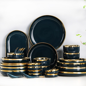 Juego de Vajilla de Cerámica Azul Marino Oscuro Retro con Borde Dorado, Vajilla de Porcelana con Borde Dorado, Platos y Tazones - Product Image 2