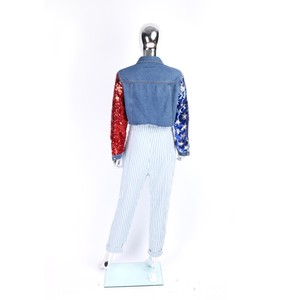 <span class=keywords><strong>Giacca</strong></span> di Jeans Crop blu a manica <span class=keywords><strong>lunga</strong></span> con <span class=keywords><strong>paillettes</strong></span> con colore a contrasto personalizzato con Design DENIM per donna - Product Image 5
