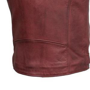 Gilet moto en cuir PU bordeaux pour homme, col rabattu, fermeture éclair, poches ceinturées, vêtements d'extérieur automne-hiver - Product Image 2
