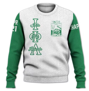 Cardigan Sorority Phi Beta Sigma Fraternity Iota Phi Lambda, Giacca Varsity Personalizzata <span class=keywords><strong>Bianca</strong></span> con Dettagli Verde Smeraldo, <span class=keywords><strong>Felpa</strong></span> Sorority - Product Image 1
