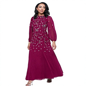 Robe de soirée longue en mousseline de soie bordeaux perlée, coupe trapèze, col rond, manches bouffantes, anti-plis, élégante - Product Image 1