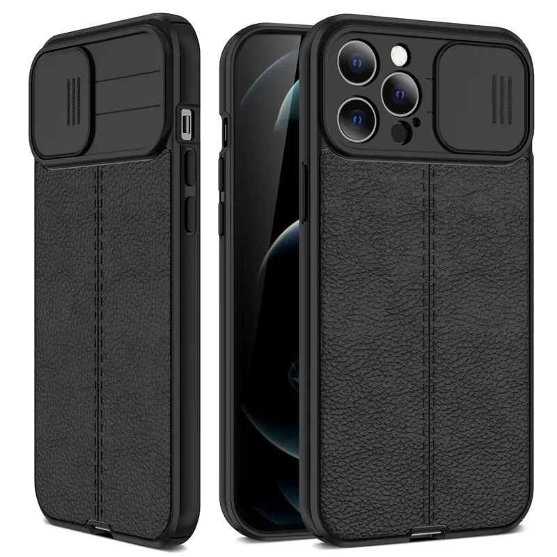 Slide Camera Lens Protection Case For iPhone 14 13 12 11 Pro Max XR XS X 6 7 8 Plus Mini Leather Texture Cooling Soft Back Cover