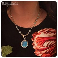 Collier à breloques modulaires plaqué or 18 carats NM61482, pendentif disque turquoise brillant avec fermoir mousqueton, bijoux personnalisés