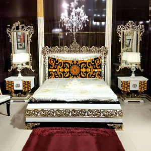 Imperial French Style Carving King Size Bed Luxury Diamond Carved Bed with Side Tables Royal Carved Bed Set in Silver Finish - Product Image 1