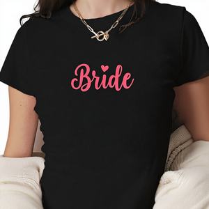 Camiseta de punto corta con estampado de moda para mujer, estilo Y2K, con letras cursivas de novia, corte ajustado - Product Image 1