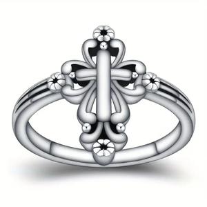 Bague croix en argent avec sertissage clos, unisexe, bijoux religieux chrétiens, joaillerie fine T0653 - Product Image 2