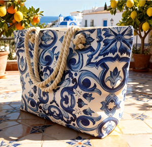กระเป๋าหิ้วชายหาดลายครามสีน้ำเงินขาว PEIQUAN ขายดี กระเป๋าช้อปปิ้งสำหรับผู้หญิง จุของได้เยอะ มีหูหิ้ว เหมาะสำหรับวันหยุดพักผ่อน - Product Image 6