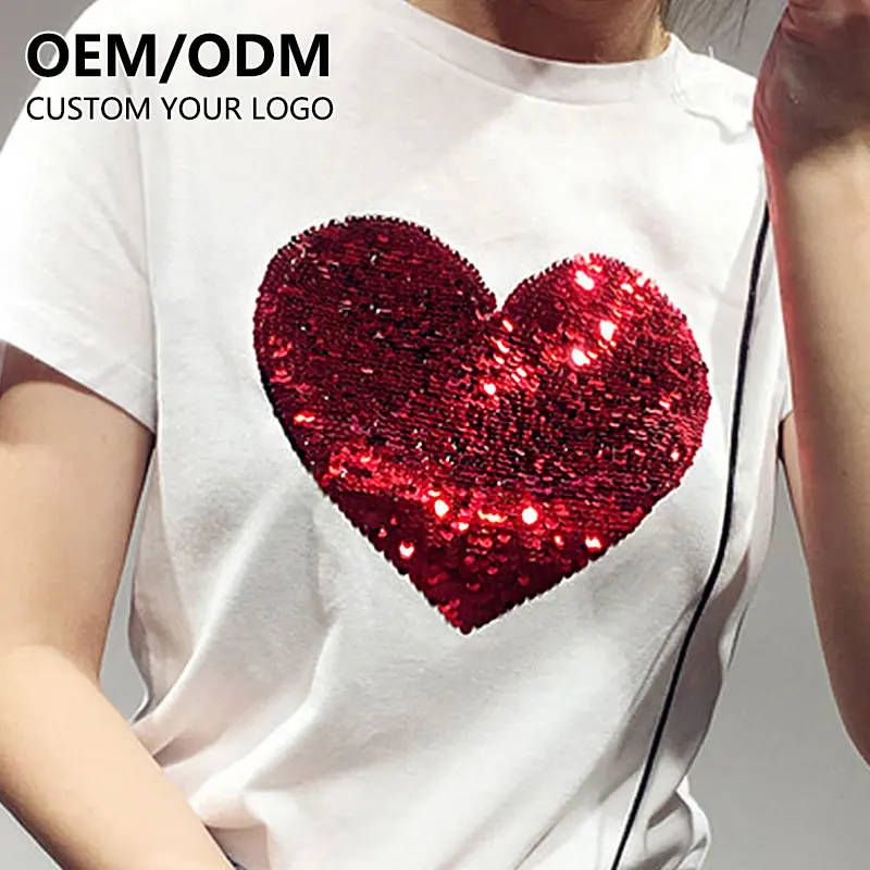 OEM wholesale Sequins tshirt Custom Sequin Shiny logo Embroidery Patch 100% Cotton High Quality 3D Embroidered Women's T-shirt