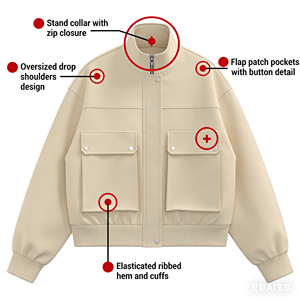 Chaqueta de Mujer Minimalista con Cuello Alto Beige, Cierre de Cremallera, Corte Holgado, Bolsillo Grande, Dobladillo Elástico y Mangas con Puños - Product Image 5