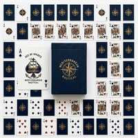 Jeu de cartes de poker personnalisé style nautique méditerranéen, finition lin, bleu et doré à chaud, pour club nautique, bateau de croisière, cadeau