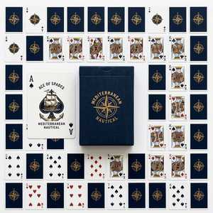 Jeu de cartes de poker personnalisé style nautique méditerranéen, finition lin, bleu et doré à chaud, pour club nautique, bateau de croisière, cadeau - Product Image 4
