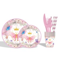 Vaisselle jetable sur le thème des fleurs et des papillons roses, assiettes en papier, nappe, serviettes, drapeaux, couteaux, fourchettes, cuillères pour fête d'anniversaire de fille