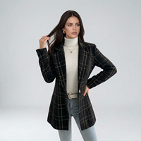 Blazer de travail pour femme, noir, à carreaux dorés, tricoté, 100% polyester, anti-plis, coupe ajustée, longueur standard, col à revers, un seul bouton