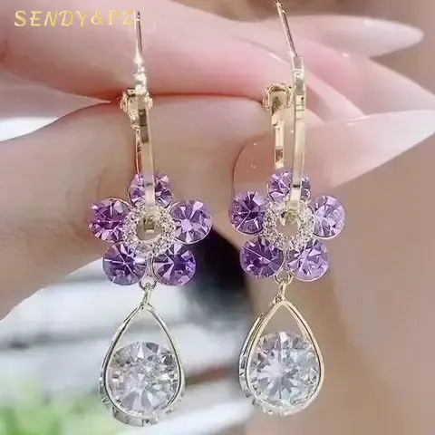 S925 Silver Needle Purple Crystal Flower Earrings Amethyst Diamond Pendant Earring Charm Cubic Zirconia Earring
