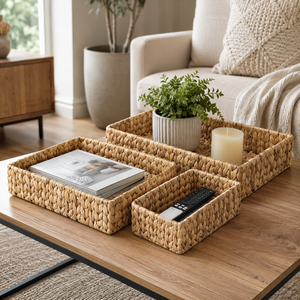 Paniers de rangement rectangulaires empilables faits à la main et personnalisables en jacinthe <span class=keywords><strong>d</strong></span>'<span class=keywords><strong>eau</strong></span> et jonc de mer, lot de 3, pour cuisine et salon - Product Image 3