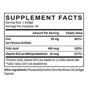 อาหารเสริมภาวะขาดธาตุเหล็ก liposomal ด้วยกรดโฟลิกและ B12วิตามินสำหรับวัยรุ่น60แคปซูลซอฟต์เจล (2ครั้งต่อครั้ง) - Product Image 2
