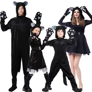 Kostum penampilan panggung orangtua-anak, pakaian Halloween, Kostum iblis kucing hitam, kostum penampilan panggung hewan