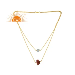 Aquamarine and Sun Stone Rough Gemstone Necklace Wholesale Pretty Designer Gold Plated 925 Silver Necklace Jewelry