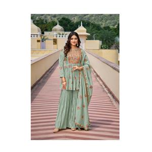 Heavy Silk con bordado Work Kurti Pant con Dupatta para fiesta y Festival Wear de India Export - Product Image 1