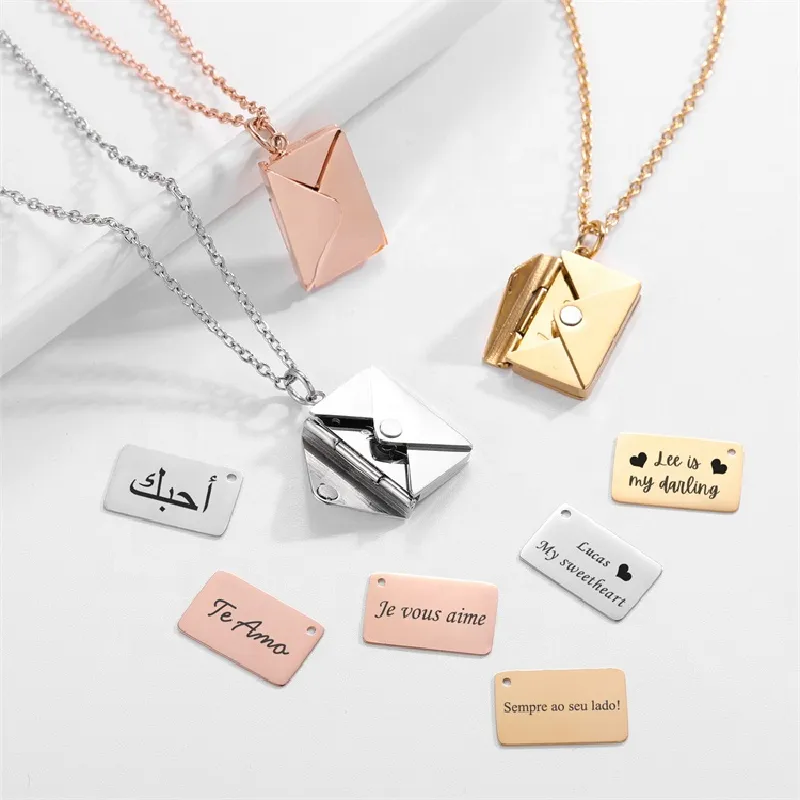 Customized Love Letter Envelope Pendant Stainless Steel Necklace Confession Jewelry Love You for Valentine Day Mother Day Gift