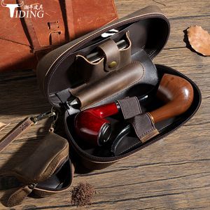 Étui à pipe en cuir Tiding, ovale, brun foncé, portable, pour accessoires de cigares - Product Image 1