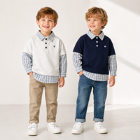 Pull décontracté à manches longues pour garçons, style polo à carreaux, effet deux pièces, col superposé, collection automne 2026, idéal pour l'école, haut de boutique