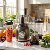 Mixeur-Blender-Hachoir Universel 3-en-1 en Acier Inoxydable 1,6 L, Vitesse Variable, Commande par Bouton Poussoir, Portable
