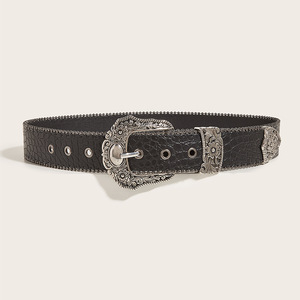 <span class=keywords><strong>Ceinture</strong></span> décorative vintage de style américain pour <span class=keywords><strong>femme</strong></span> avec boucle en alliage, longueur 105 cm, largeur épaisse, design distinctif de sous-culture, noir - Product Image 2